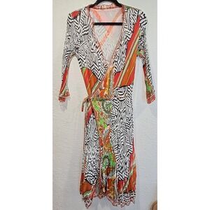 Alberto Makali Multicolor Micro Pleated Paisley Wrap Dress Lace Trim Sz S/M